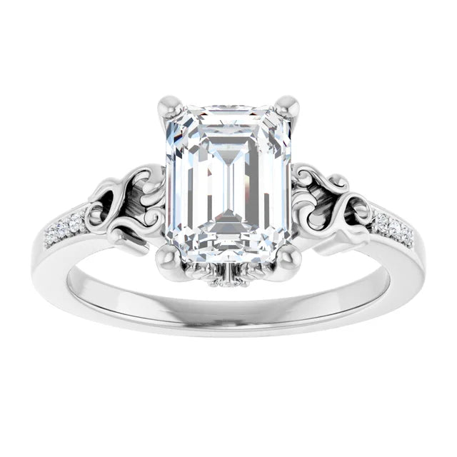 14K White Gold 1.58 CTW Emerald Vintage Filigree Pavé Lab Grown Diamond Engagement Ring