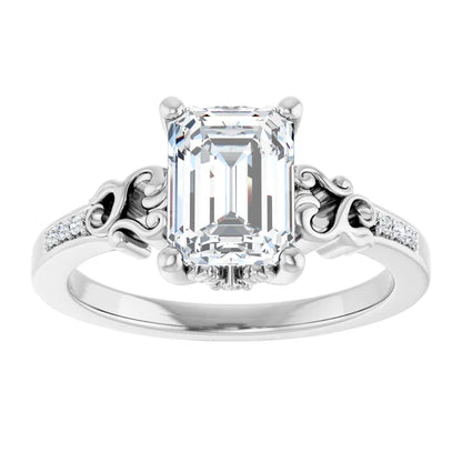 14K White Gold 1.58 CTW Emerald Vintage Filigree Pavé Lab Grown Diamond Engagement Ring