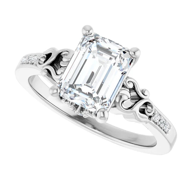 14K White Gold 1.58 CTW Emerald Vintage Filigree Pavé Lab Grown Diamond Engagement Ring