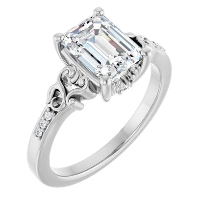 14K White Gold 1.58 CTW Emerald Vintage Filigree Pavé Lab Grown Diamond Engagement Ring