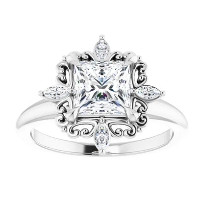 14K White Gold 1.60 CTW Princess Floral Halo Lab Grown Diamond Engagement Ring
