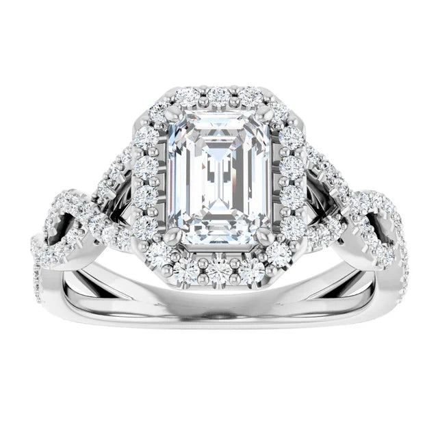14K White Gold 1.63 CTW Emerald Halo Twisted Band Diamond Engagement Ring