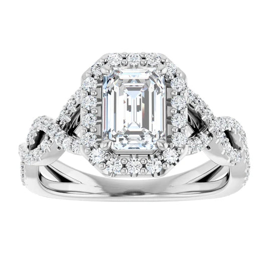 14K White Gold 1.63 CTW Emerald Halo Twisted Band Diamond Engagement Ring