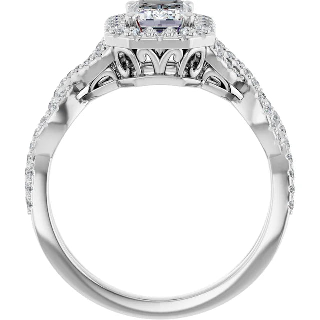 14K White Gold 1.63 CTW Emerald Halo Twisted Band Diamond Engagement Ring