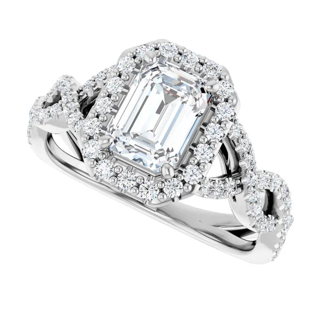 14K White Gold 1.63 CTW Emerald Halo Twisted Band Diamond Engagement Ring