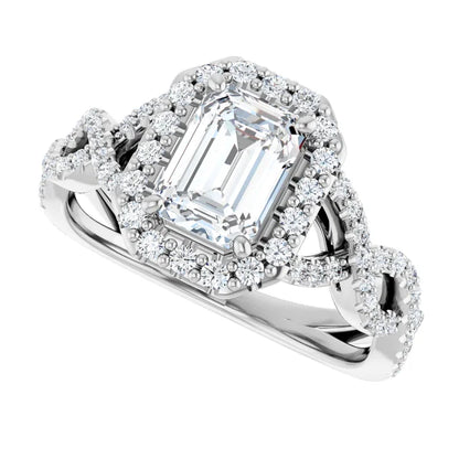 14K White Gold 1.63 CTW Emerald Halo Twisted Band Diamond Engagement Ring