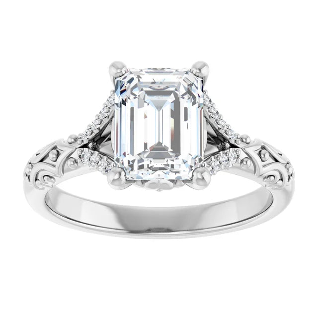14K White Gold 1.71 CTW Emerald Vintage Split Shank Pavé Lab Grown Diamond Engagement Ring