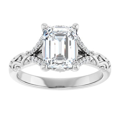 14K White Gold 1.71 CTW Emerald Vintage Split Shank Pavé Lab Grown Diamond Engagement Ring