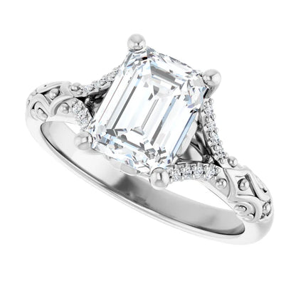 14K White Gold 1.71 CTW Emerald Vintage Split Shank Pavé Lab Grown Diamond Engagement Ring