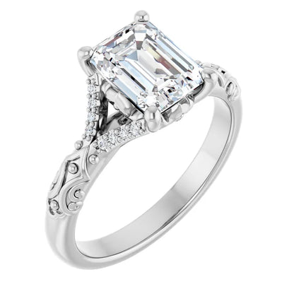 14K White Gold 1.71 CTW Emerald Vintage Split Shank Pavé Lab Grown Diamond Engagement Ring