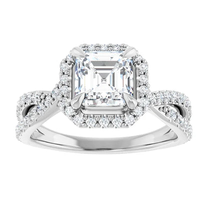 14K White Gold 1.74 CTW Asscher Halo Pavé Criss Cross Lab Grown Diamond Engagement Ring
