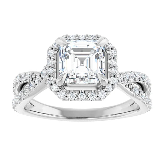 14K White Gold 1.74 CTW Asscher Halo Pavé Criss Cross Lab Grown Diamond Engagement Ring