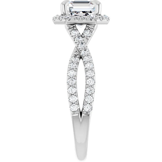 14K White Gold 1.74 CTW Asscher Halo Pavé Criss Cross Lab Grown Diamond Engagement Ring