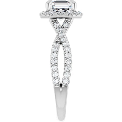 14K White Gold 1.74 CTW Asscher Halo Pavé Criss Cross Lab Grown Diamond Engagement Ring