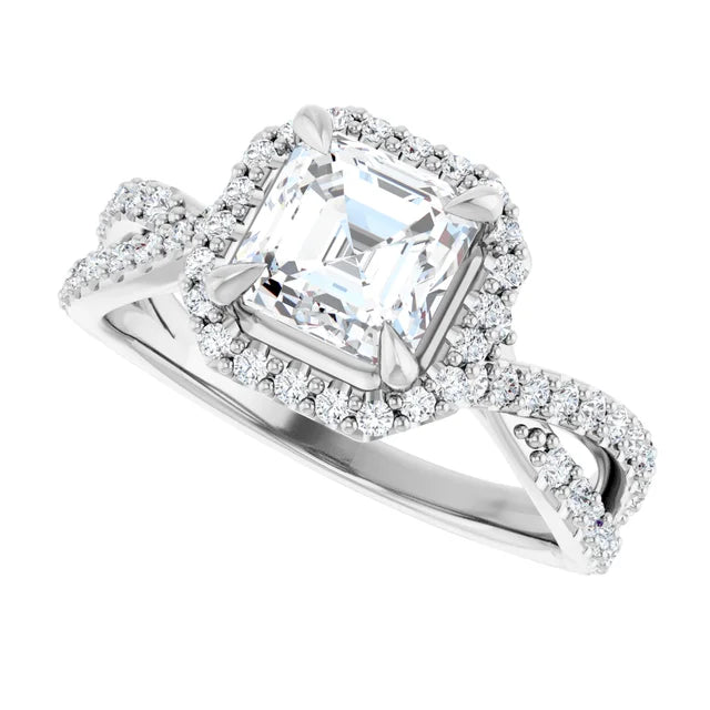 14K White Gold 1.74 CTW Asscher Halo Pavé Criss Cross Lab Grown Diamond Engagement Ring