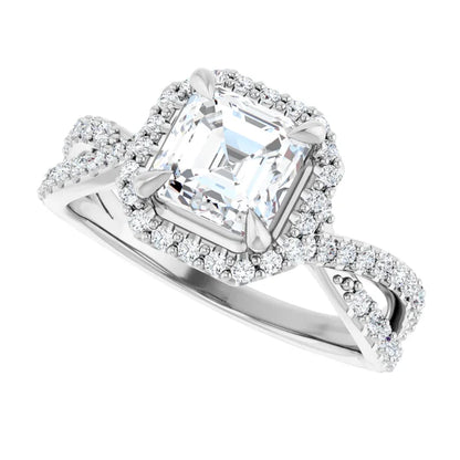 14K White Gold 1.74 CTW Asscher Halo Pavé Criss Cross Lab Grown Diamond Engagement Ring