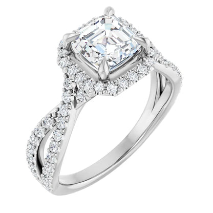 14K White Gold 1.74 CTW Asscher Halo Pavé Criss Cross Lab Grown Diamond Engagement Ring