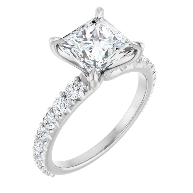 14K White Gold 1.75 CTW Princess Solitaire Pavé Lab Grown Diamond Engagement Ring-diamondnetjewellery