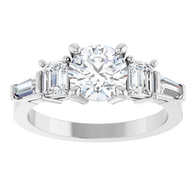 14K White Gold 1.79 CTW Round & Emerald Cut Tapered Baguette Three-Stone Diamond Engagement Ring