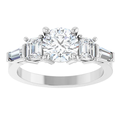 14K White Gold 1.79 CTW Round & Emerald Cut Tapered Baguette Three-Stone Diamond Engagement Ring