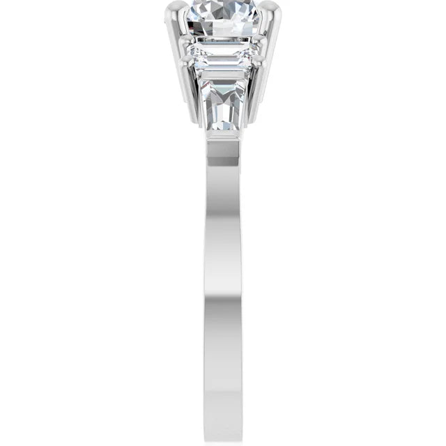14K White Gold 1.79 CTW Round & Emerald Cut Tapered Baguette Three-Stone Diamond Engagement Ring