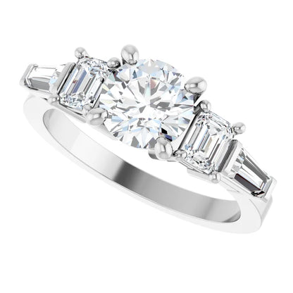 14K White Gold 1.79 CTW Round & Emerald Cut Tapered Baguette Three-Stone Diamond Engagement Ring