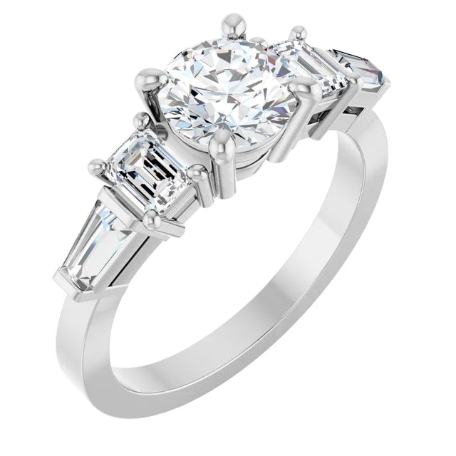 14K White Gold 1.79 CTW Round & Emerald Cut Tapered Baguette Three-Stone Diamond Engagement Ring