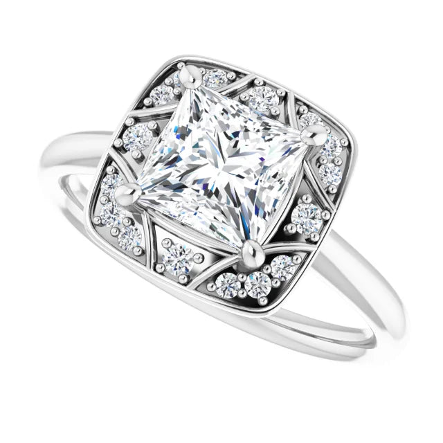 14K White Gold 1.77 CTW Princess Halo Vintage Inspired Pavé Lab Grown Diamond Engagement Ring