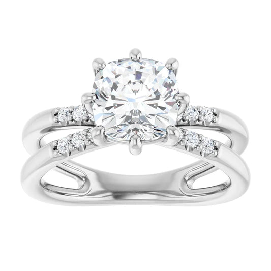 14K White Gold 1.80 CTW Cushion Solitaire Split Shank Pavé Lab Grown Diamond Engagement Ring