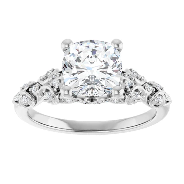 14K White Gold 1.81 CTW Cushion Vintage Filigree Pavé Lab Grown Diamond Engagement Ring