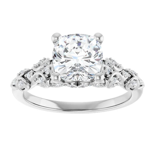 14K White Gold 1.81 CTW Cushion Vintage Filigree Pavé Lab Grown Diamond Engagement Ring