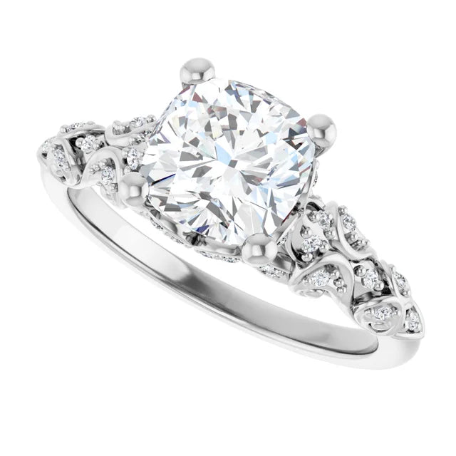 14K White Gold 1.81 CTW Cushion Vintage Filigree Pavé Lab Grown Diamond Engagement Ring