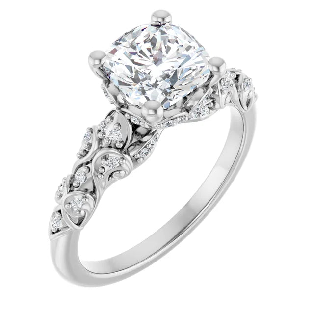 14K White Gold 1.81 CTW Cushion Vintage Filigree Pavé Lab Grown Diamond Engagement Ring