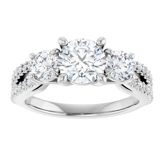 14K White Gold 1.90 CTW Round Three-Stone Pavé Diamond Engagement Ring
