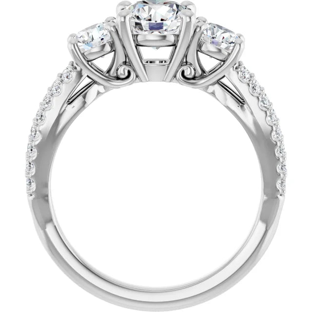 14K White Gold 1.90 CTW Round Three-Stone Pavé Diamond Engagement Ring