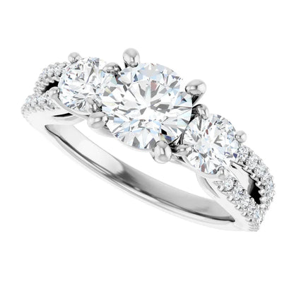 14K White Gold 1.90 CTW Round Three-Stone Pavé Diamond Engagement Ring