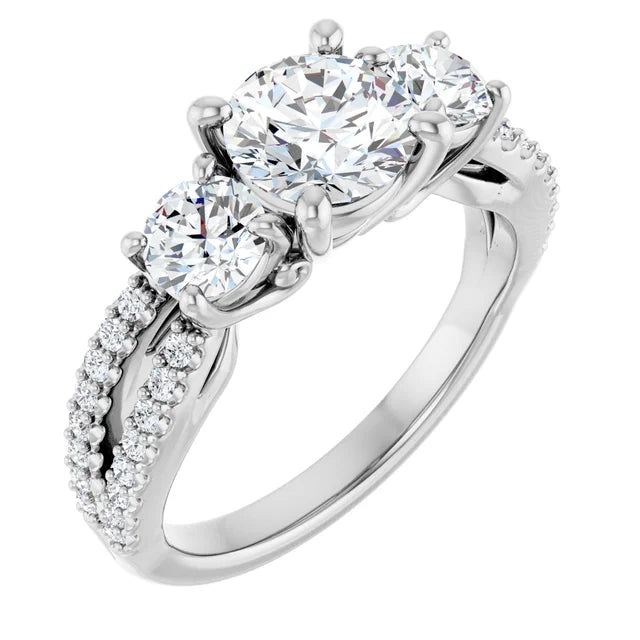 14K White Gold 1.90 CTW Round Three-Stone Pavé Diamond Engagement Ring