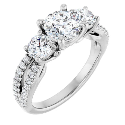 14K White Gold 1.90 CTW Round Three-Stone Pavé Diamond Engagement Ring