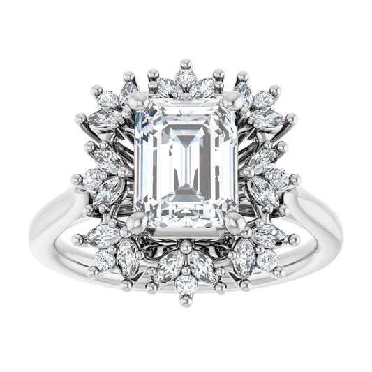 14K White Gold 1.93 CTW Emerald Floral Halo Lab Grown Diamond Engagement Ring