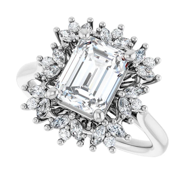 14K White Gold 1.93 CTW Emerald Floral Halo Lab Grown Diamond Engagement Ring