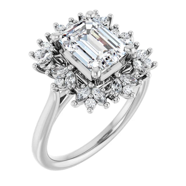 14K White Gold 1.93 CTW Emerald Floral Halo Lab Grown Diamond Engagement Ring