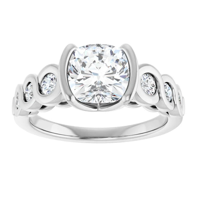 14K White Gold 2.35 CTW Cushion Cut Bezel Diamond Engagement Ring with Accents-diamondnetjewellery