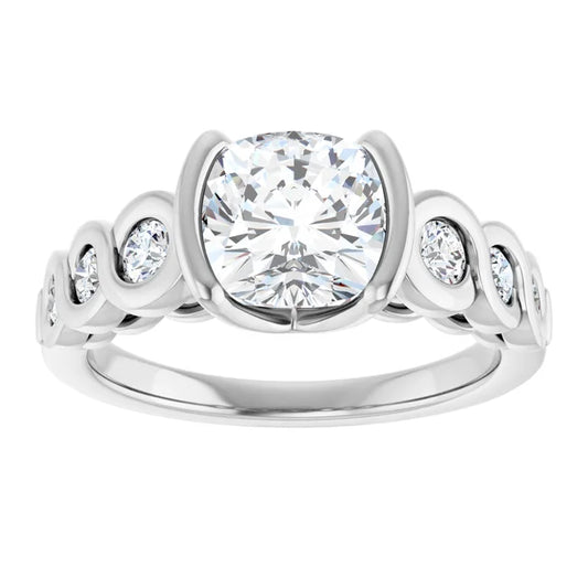 14K White Gold 2.35 CTW Cushion Cut Bezel Diamond Engagement Ring with Accents