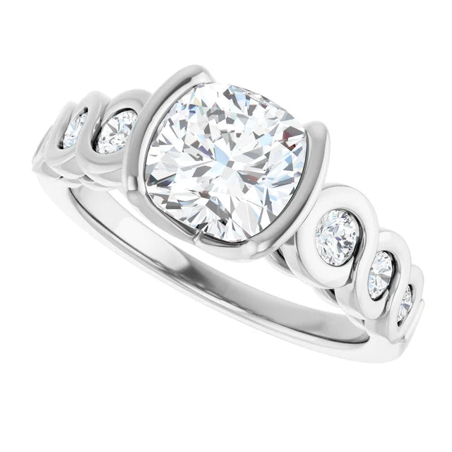 14K White Gold 2.35 CTW Cushion Cut Bezel Diamond Engagement Ring with Accents-diamondnetjewellery