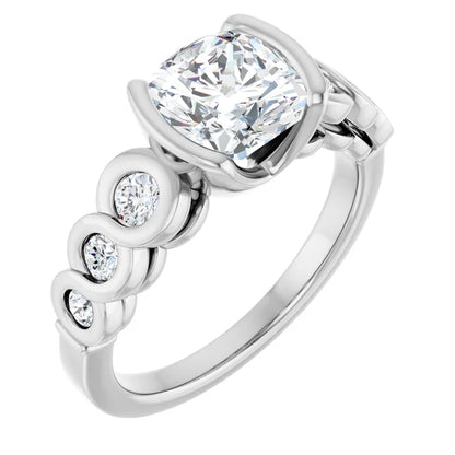 14K White Gold 2.35 CTW Cushion Cut Bezel Diamond Engagement Ring with Accents-diamondnetjewellery