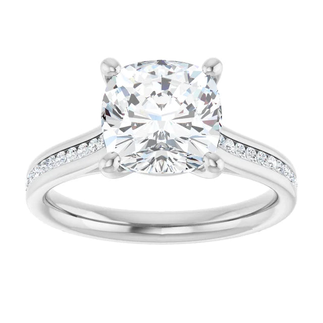 14K White Gold 2.86 CTW Cushion Solitaire Channel Cathedral Lab Grown Diamond Engagement Ring