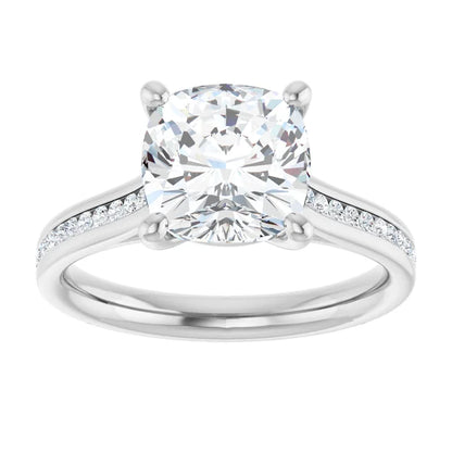 14K White Gold 2.86 CTW Cushion Solitaire Channel Cathedral Lab Grown Diamond Engagement Ring