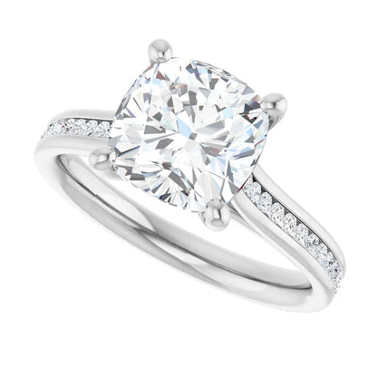 14K White Gold 2.86 CTW Cushion Solitaire Channel Cathedral Lab Grown Diamond Engagement Ring