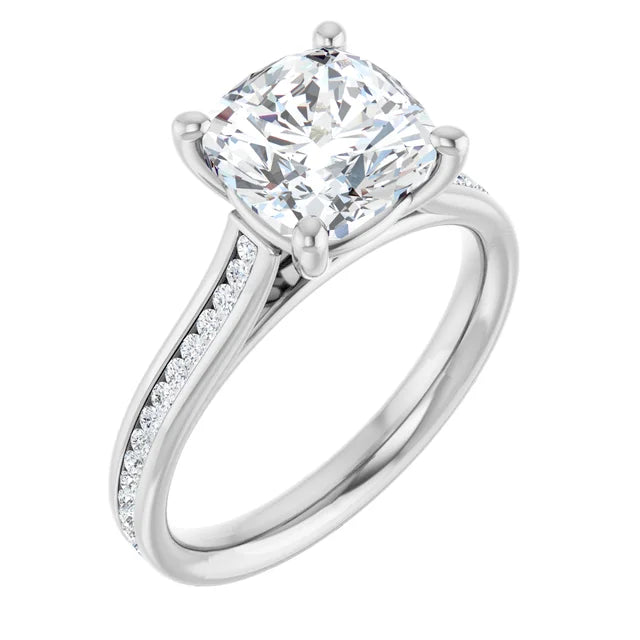 14K White Gold 2.86 CTW Cushion Solitaire Channel Cathedral Lab Grown Diamond Engagement Ring