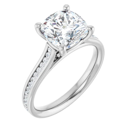 14K White Gold 2.86 CTW Cushion Solitaire Channel Cathedral Lab Grown Diamond Engagement Ring